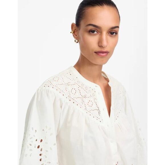 Madewell White Embroidered Shirred Henley Eyelet Top NWT Size S - Picture 5 of 9